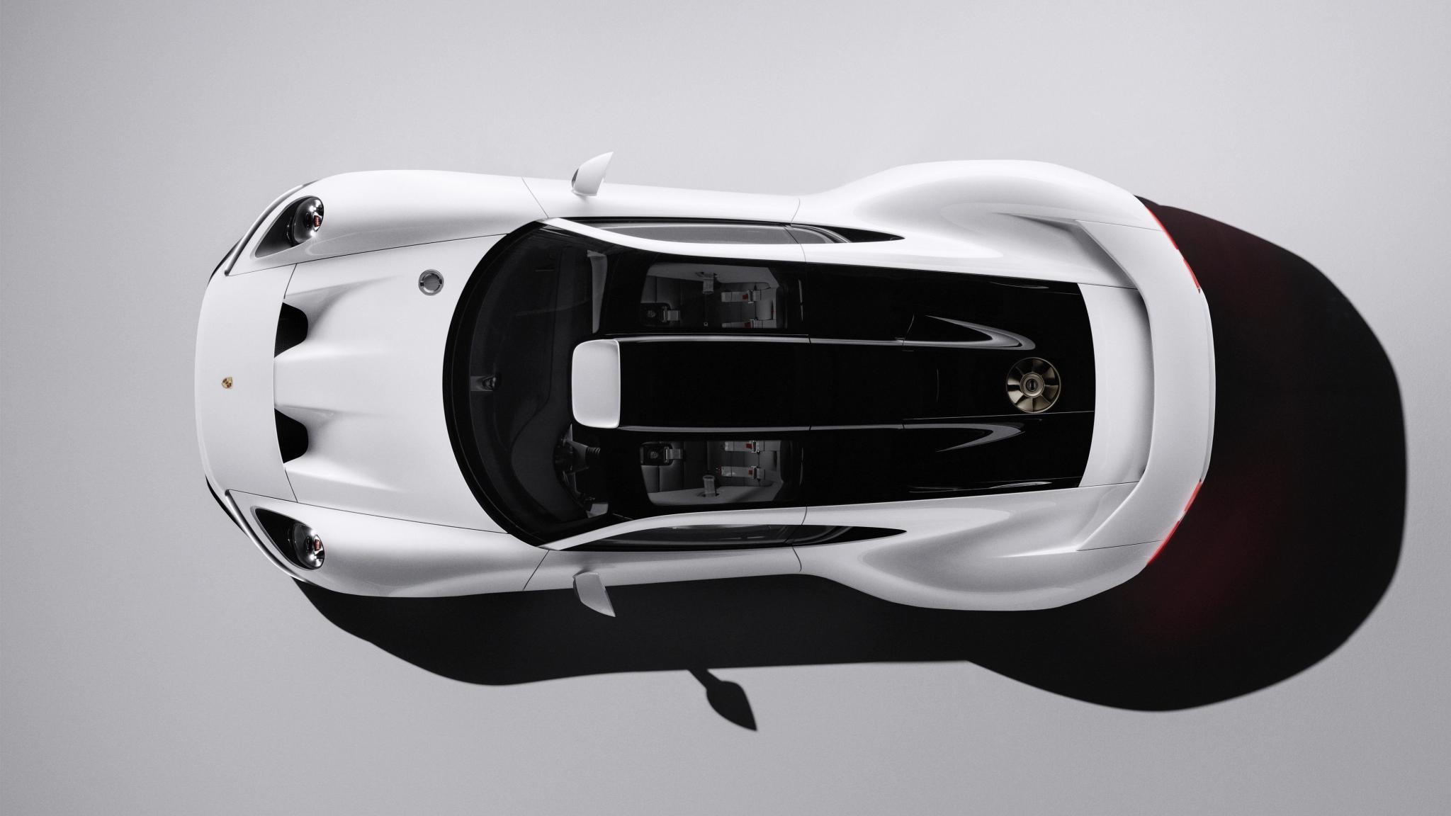 Porsche Mission S concept supercar in white with a black roof, front three quarter view