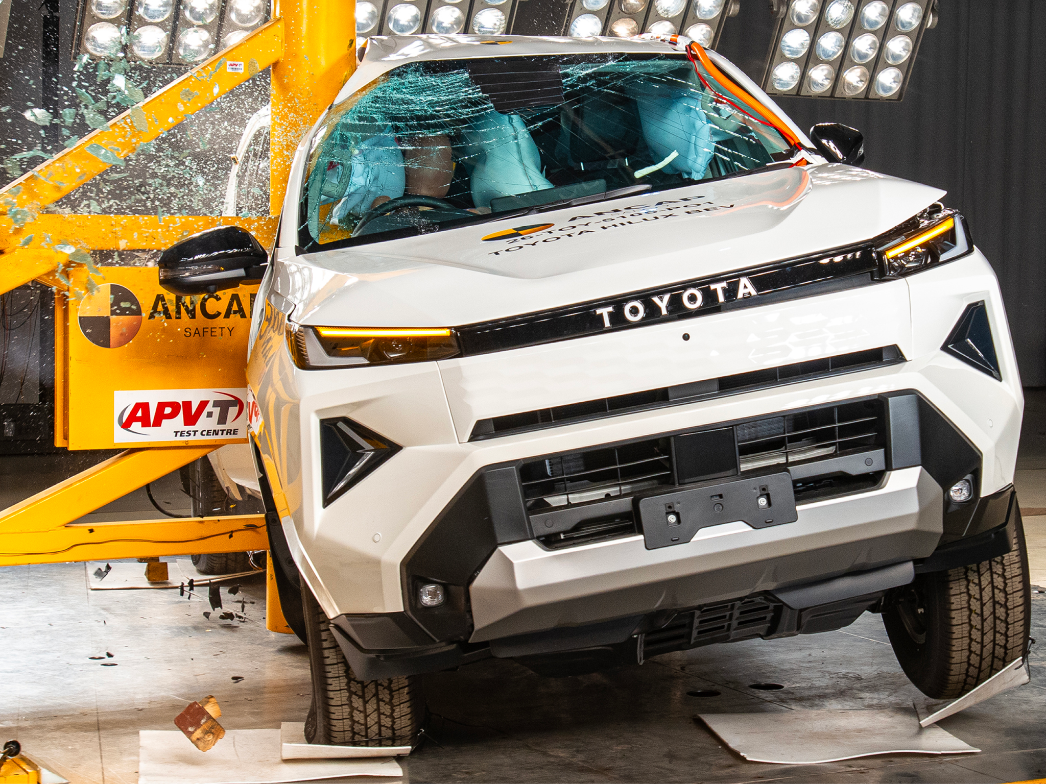 2026 Toyota HiLux BEV electric ute undergoing ANCAP five-star safety crash testing in Australia