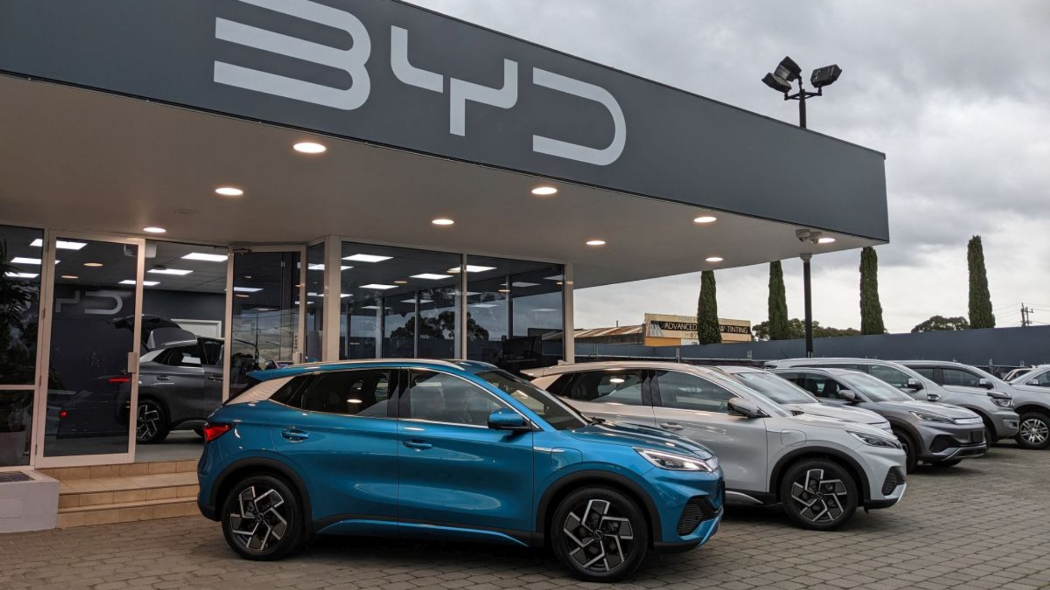 BYD electric vehicles on display at an Australian BYD dealership