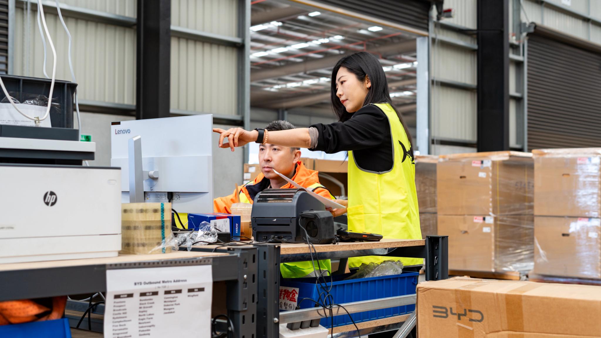 BYD and Denza parts stocked on warehouse shelving at BYD’s Melbourne parts centre