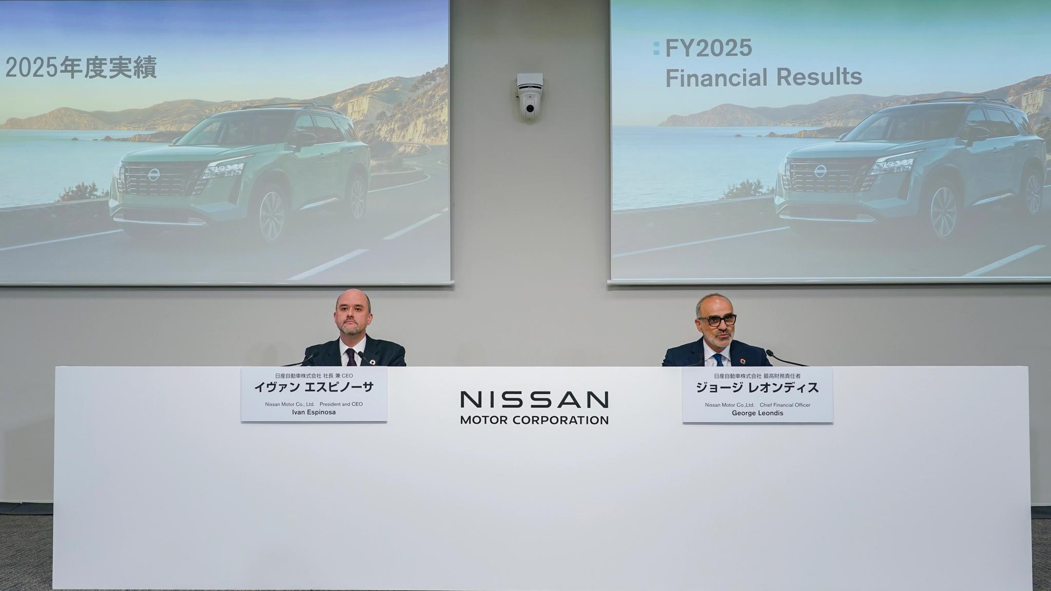 Nissan CEO Ivan Espinosa presenting Nissan financial results for FY2025 showing a second consecutive annual loss