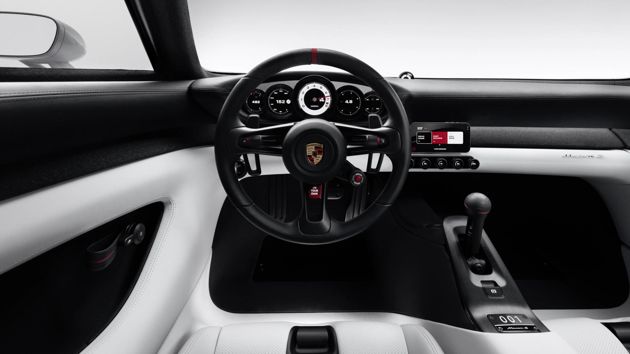 Porsche Mission S concept supercar in white with a black roof, front three quarter view