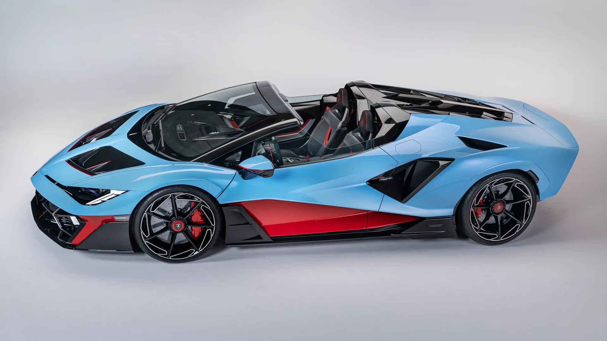 2026 Lamborghini Fenomeno Roadster open-top V12 hybrid supercar in Blu Cepheus paint