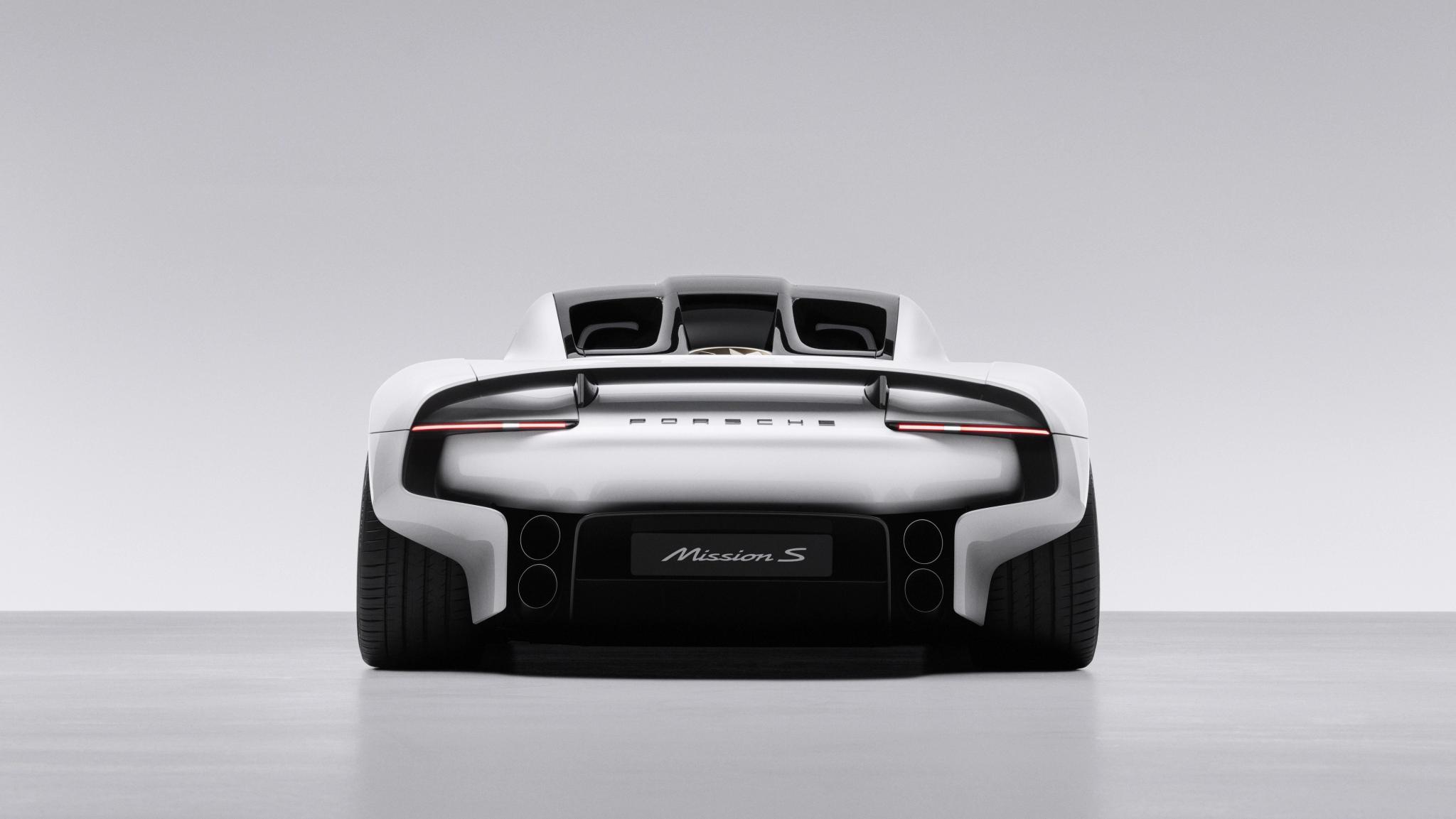 Porsche Mission S concept supercar in white with a black roof, front three quarter view