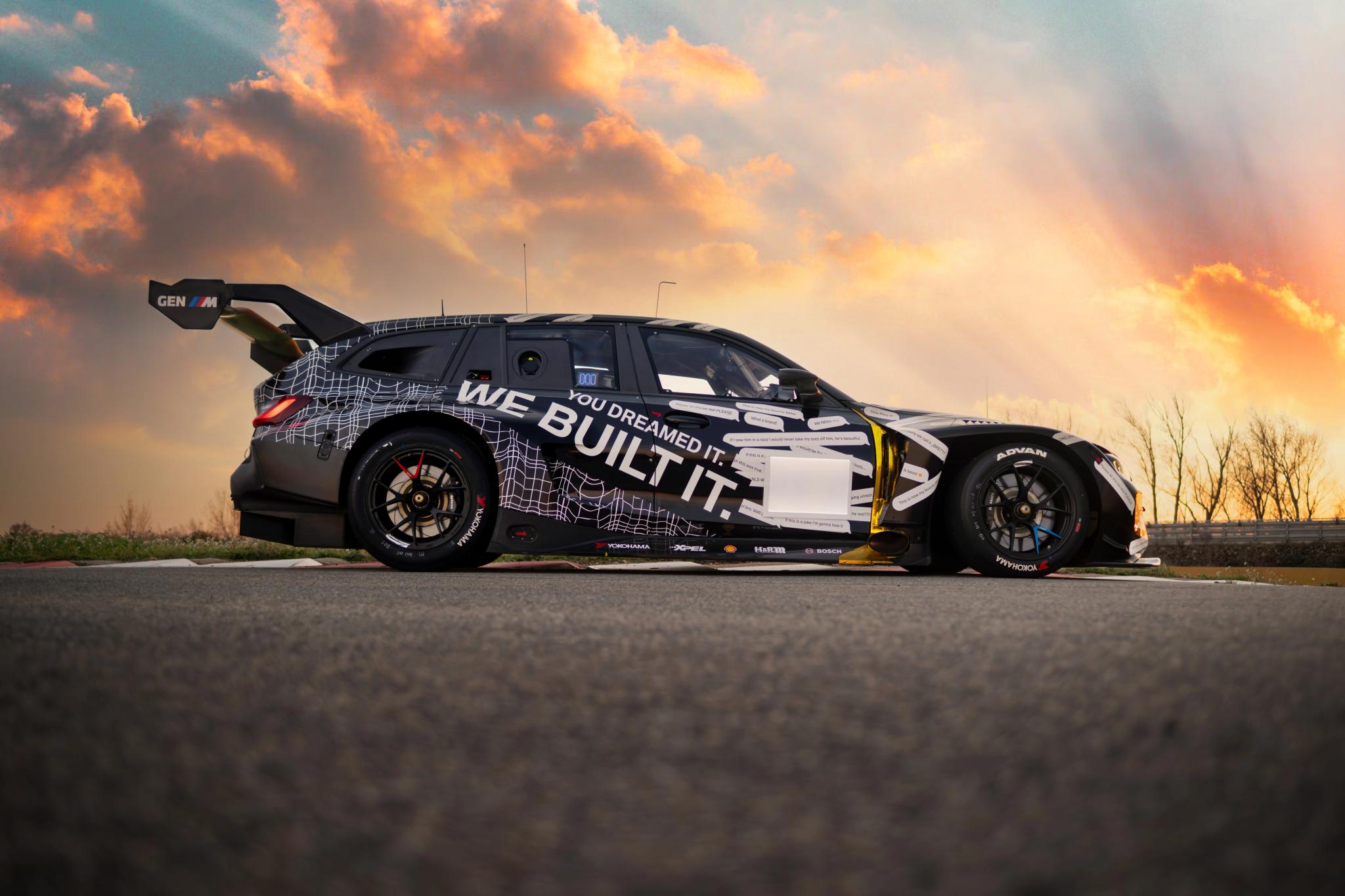 BMW M3 Touring 24H race car on track at the Nürburgring with GT3-spec bodywork and rear wing