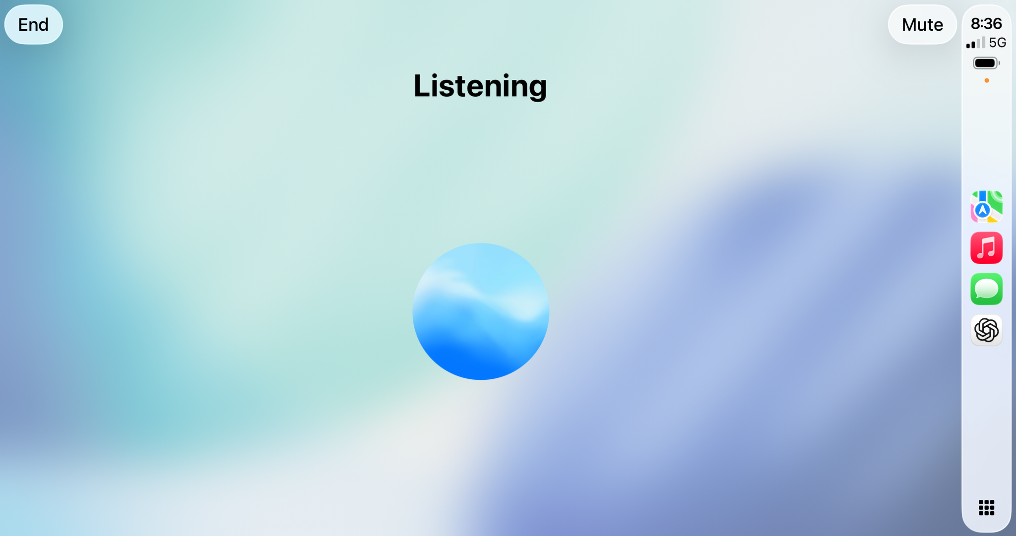 ChatGPT Apple CarPlay voice interface on in-car display screen running iOS 26.4