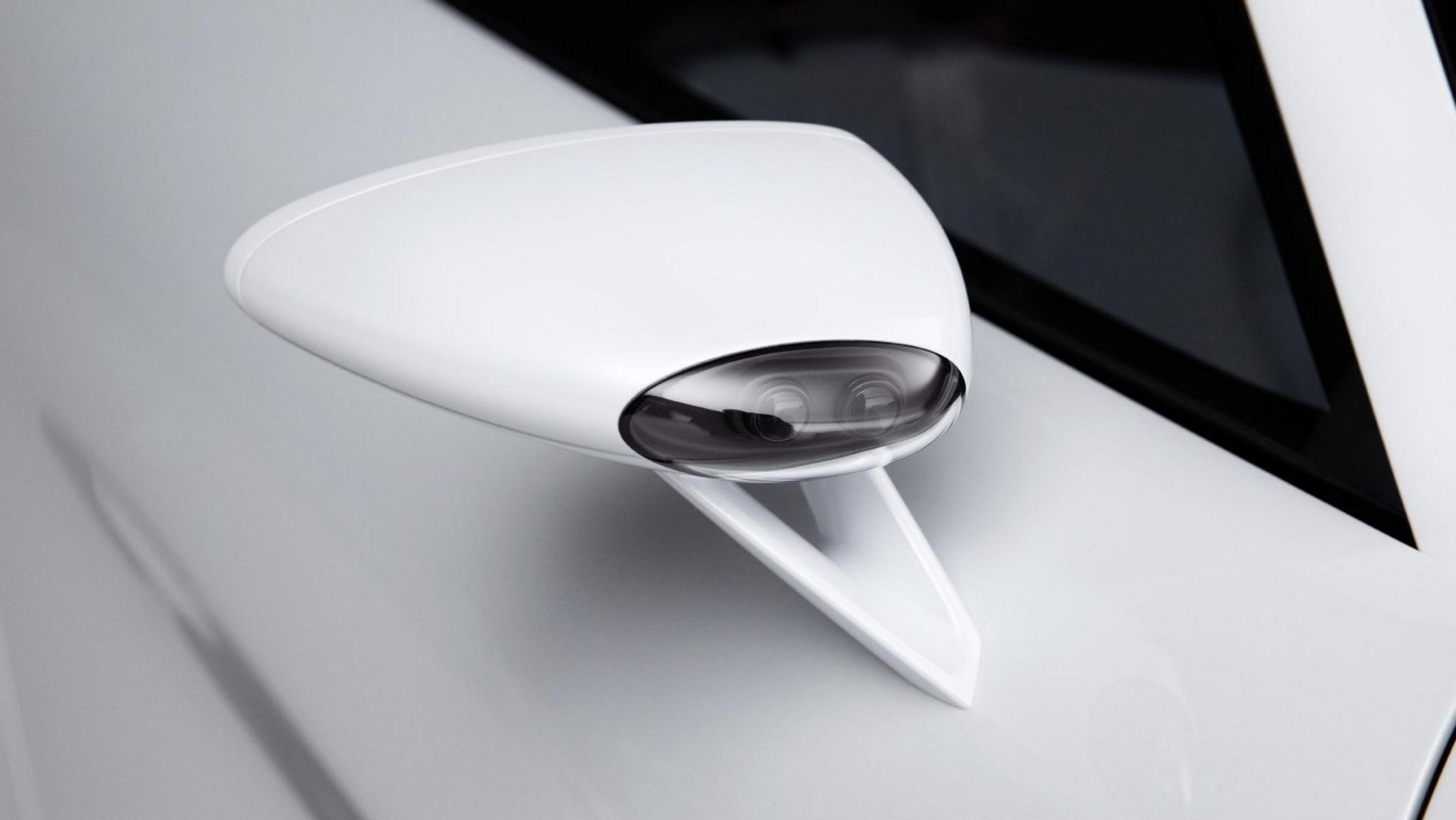 Porsche Mission S concept supercar in white with a black roof, front three quarter view