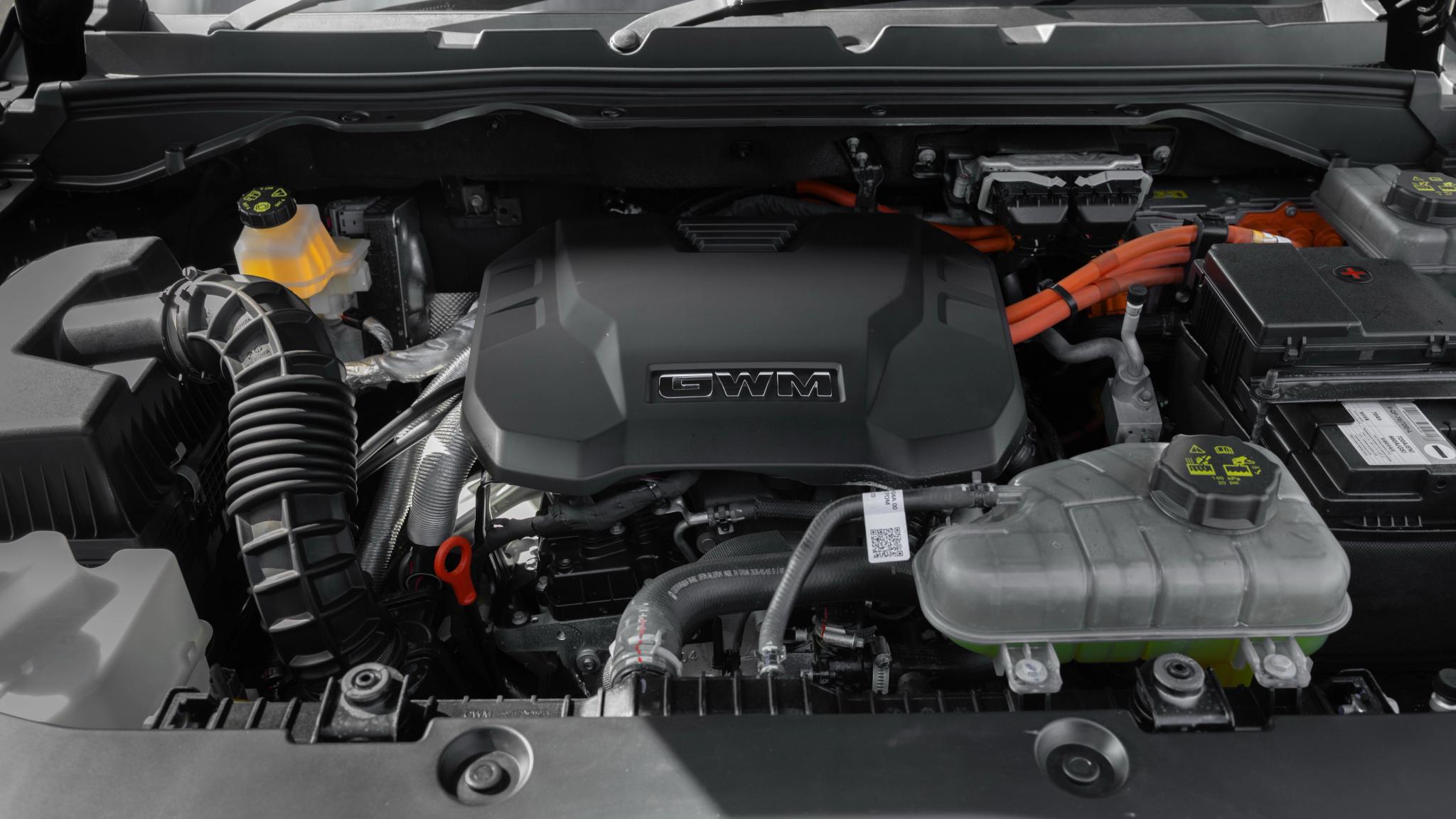 Black GWM Cannon Hi4-T PHEV dual-cab ute engine
