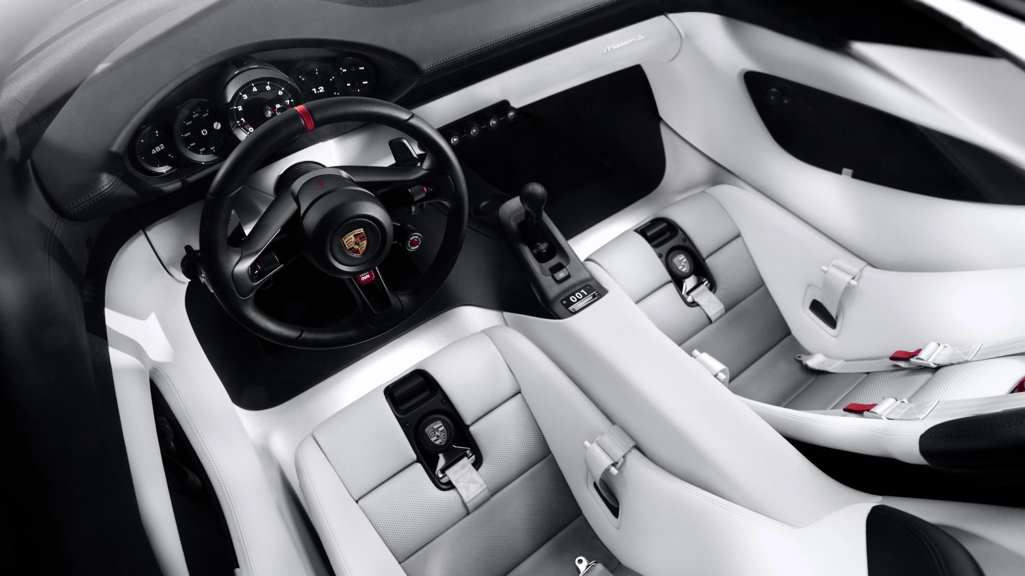 Porsche Mission S concept supercar in white with a black roof, front three quarter view