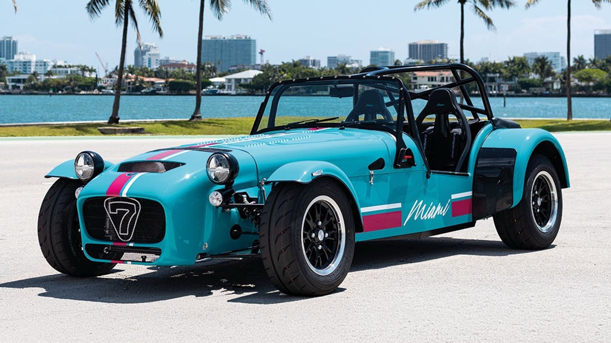 2026 Caterham Seven Miami Special Edition in bespoke Aqua paint with pink and white decals at Miami International Autodrome