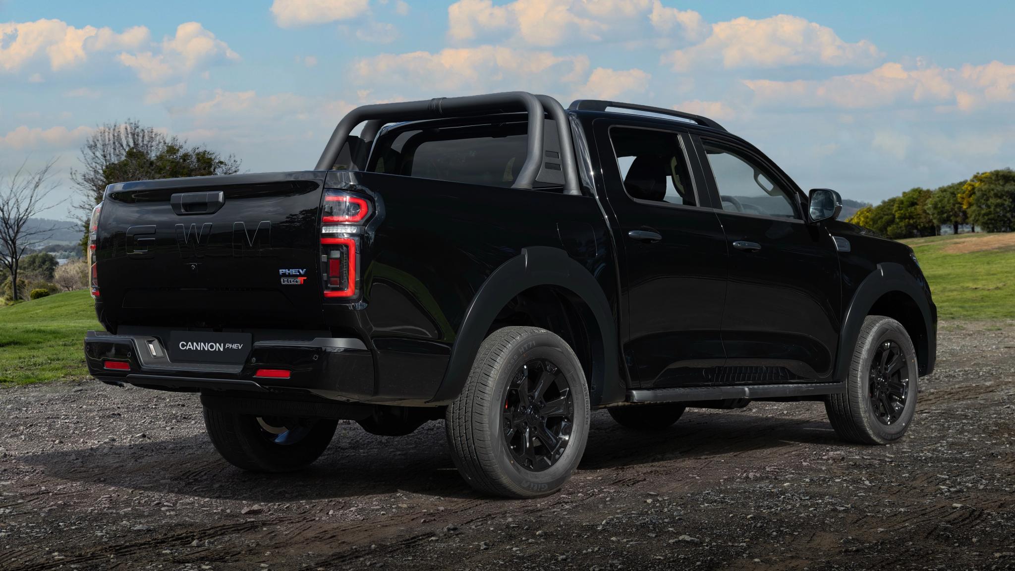 Black GWM Cannon Hi4-T PHEV dual-cab ute rear