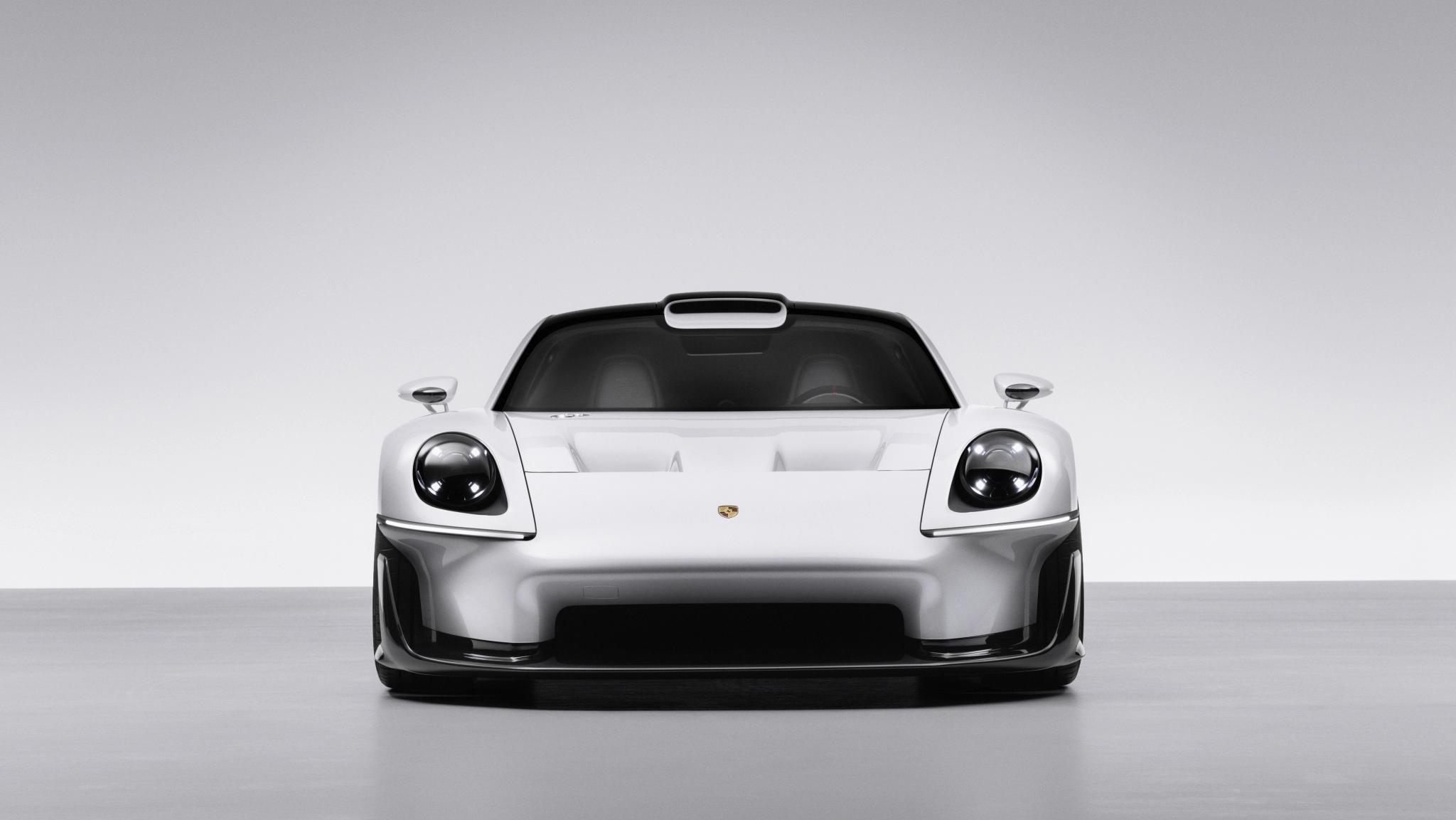 Porsche Mission S concept supercar in white with a black roof, front three quarter view