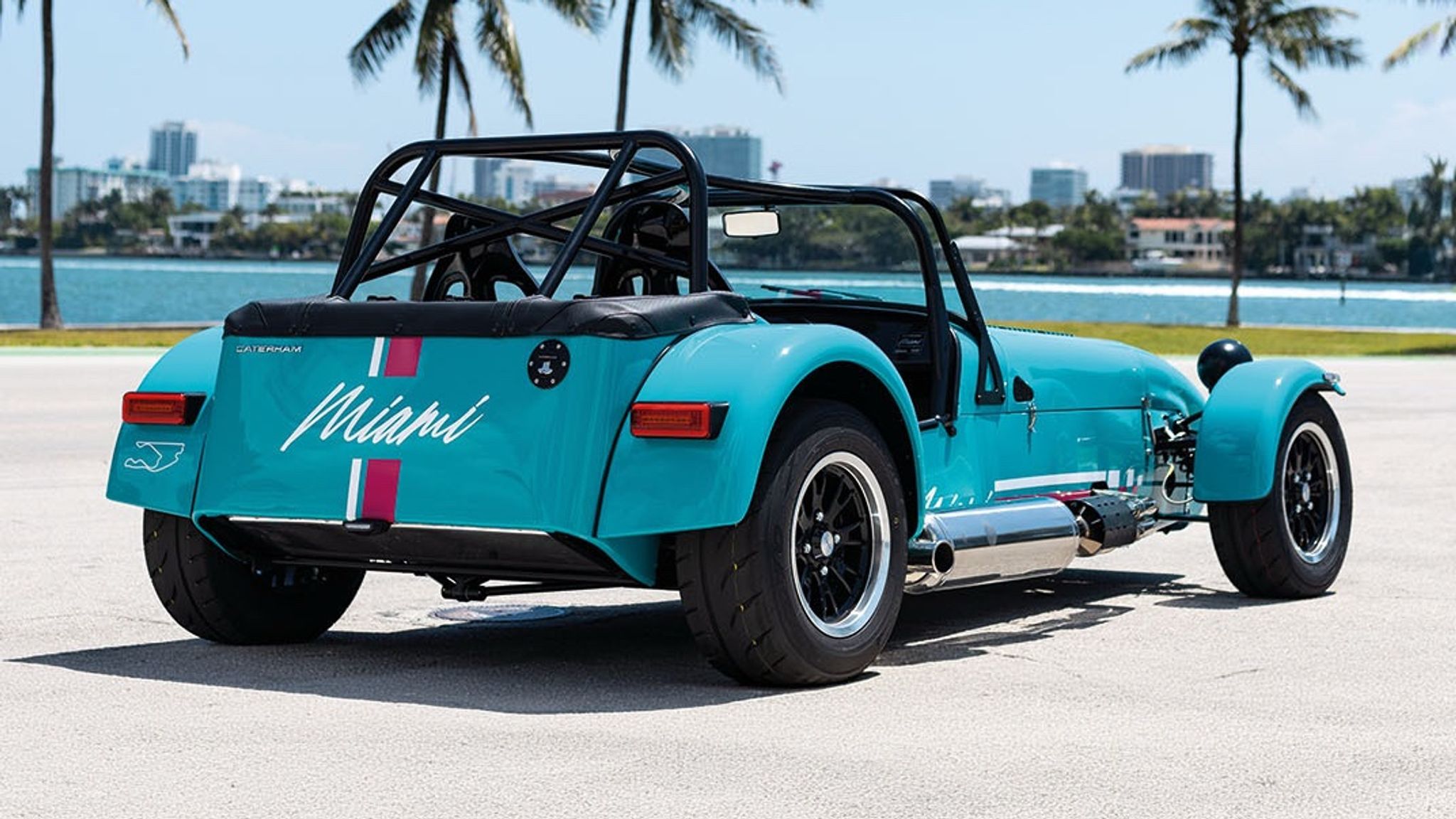 2026 Caterham Seven Miami Special Edition in bespoke Aqua paint with pink and white decals at Miami International Autodrome