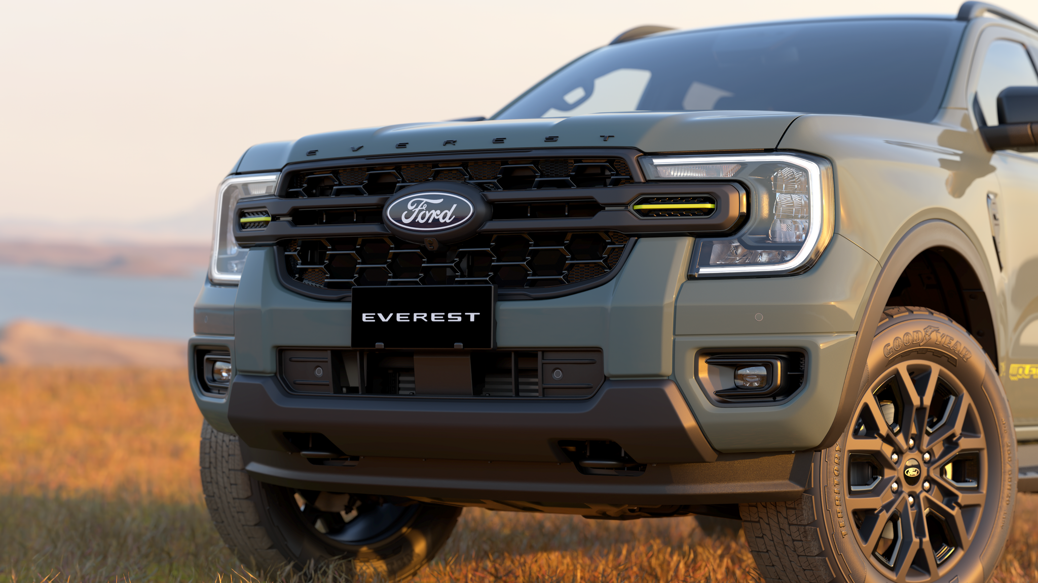 2027 Ford Everest Wolftrak in Traction Green with black 20 inch alloy wheels, black roof and Lime Zest accents
