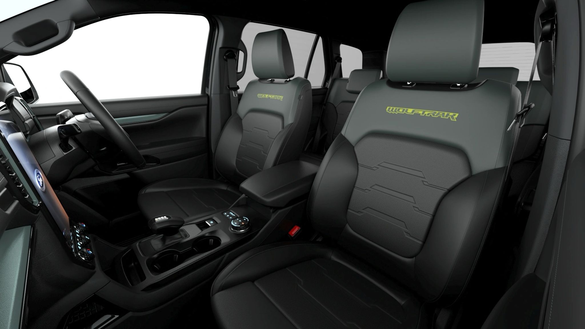 2027 Ford Everest Wolftrak in Traction Green with black 20 inch alloy wheels, black roof and Lime Zest accents