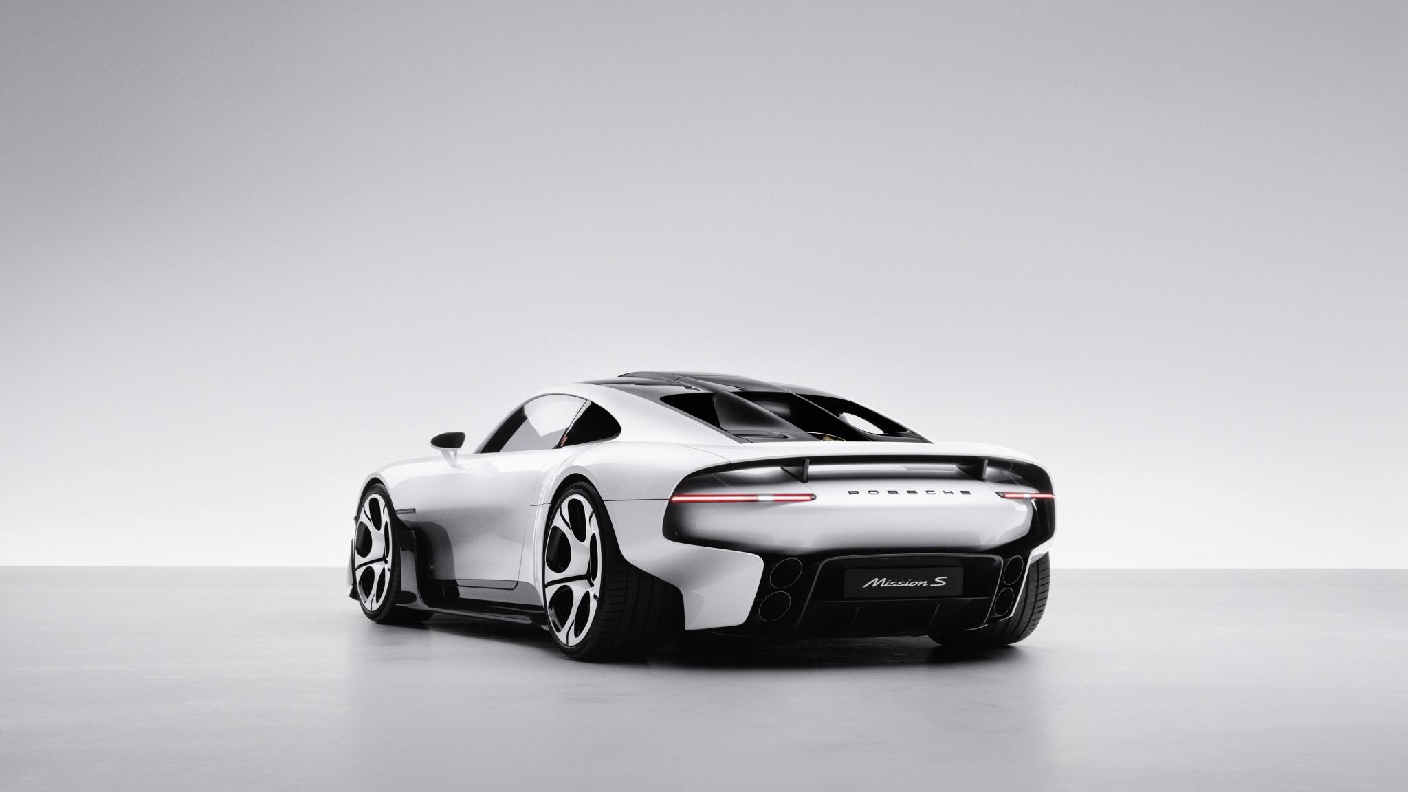 Porsche Mission S concept supercar in white with a black roof, front three quarter view