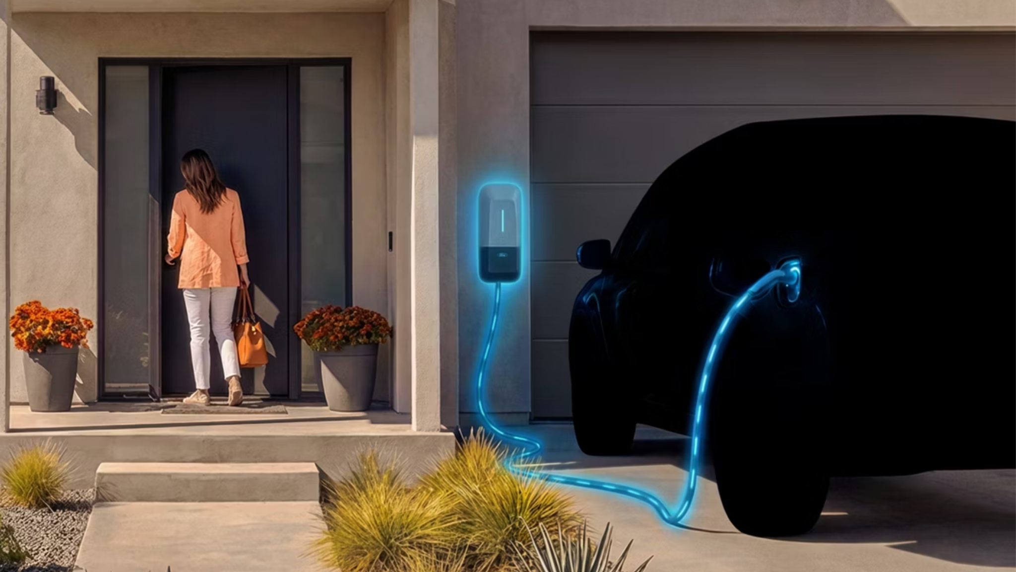 Ford Fathom electric ute prototype parked in a garage beside Ford’s new home charging station