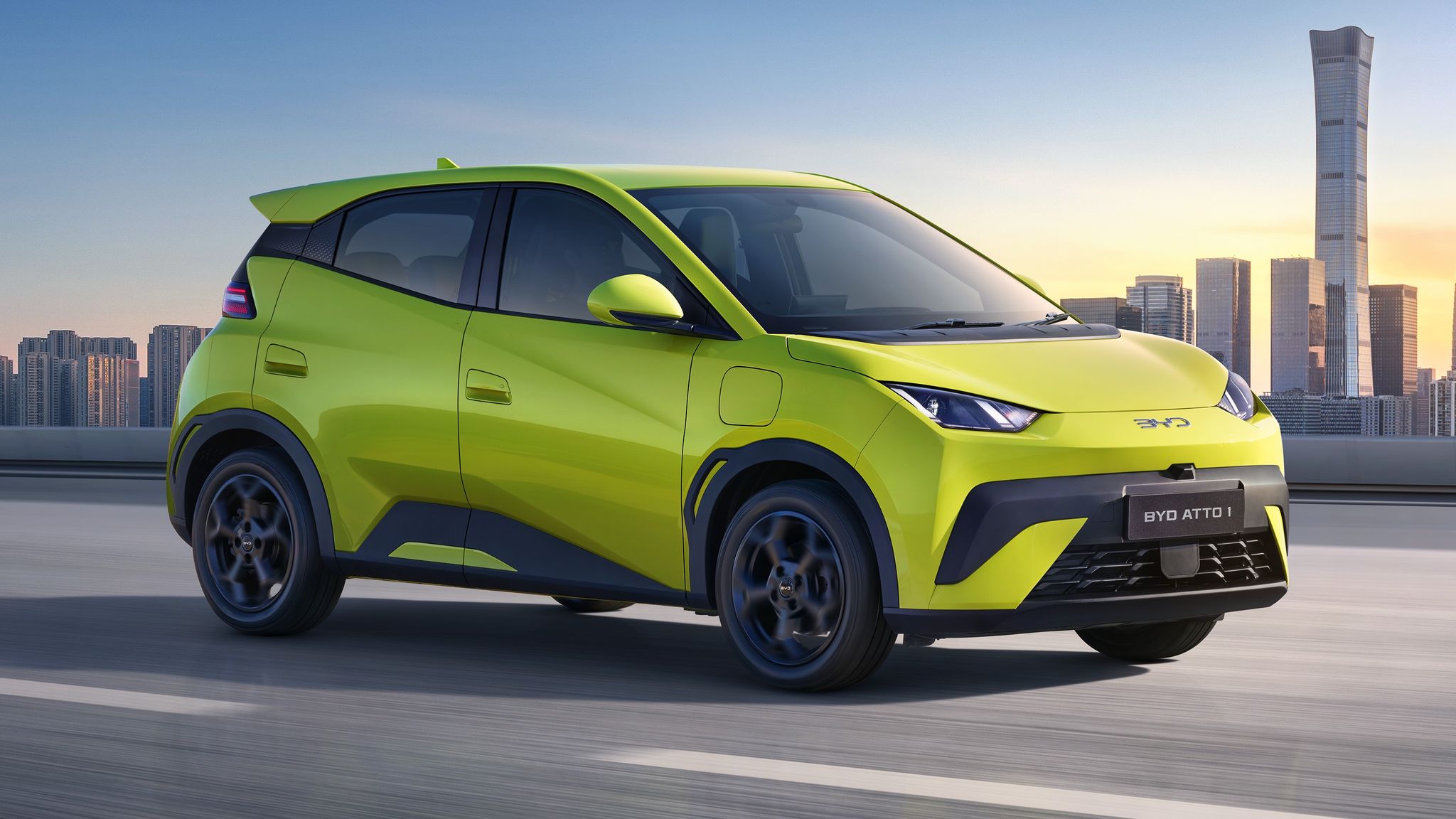 Yellow-green BYD Atto 1 electric hatch