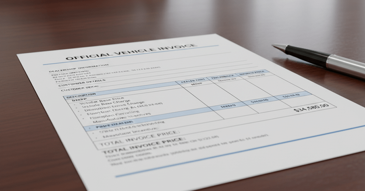 Vehicle invoice document placed on a desk next to a pen.