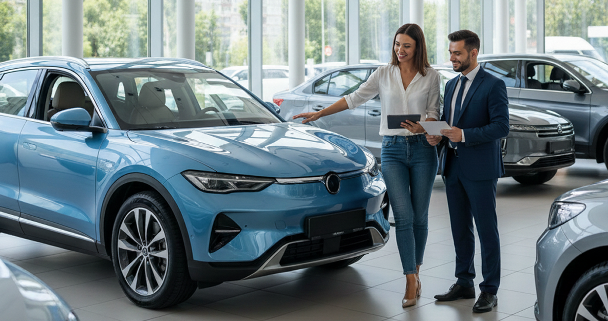 Car shopper reviewing a new SUV with a dealership consultant inside a bright showroom representing the car buying process and expert guidance.
