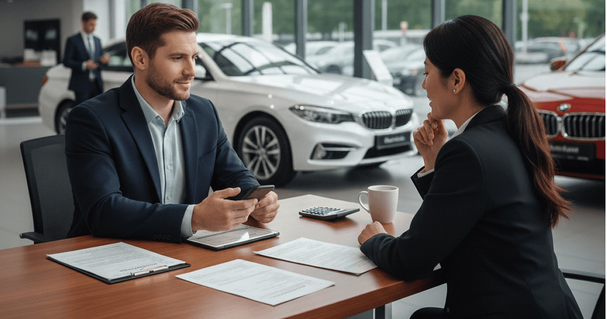 Car shopper discussing paperwork with a dealership representative at a desk inside a showroom with cars in the background.