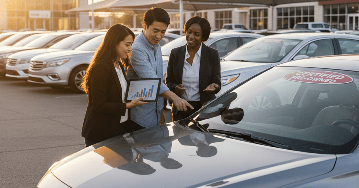 Car shoppers meeting with a dealership representative while reviewing a certified pre owned vehicle