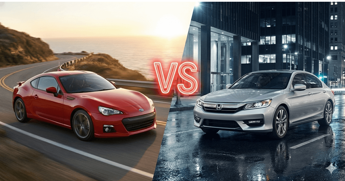 Red coupe driving on a coastal road compared with a silver sedan parked in a city at night with a VS graphic between them.