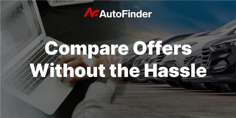 Laptop next to images of cars with on screen text that reads compare offers without the hassle.