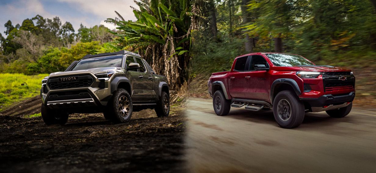 Toyota Tacoma vs Chevrolet Colorado trucks driving off road in different outdoor settings.