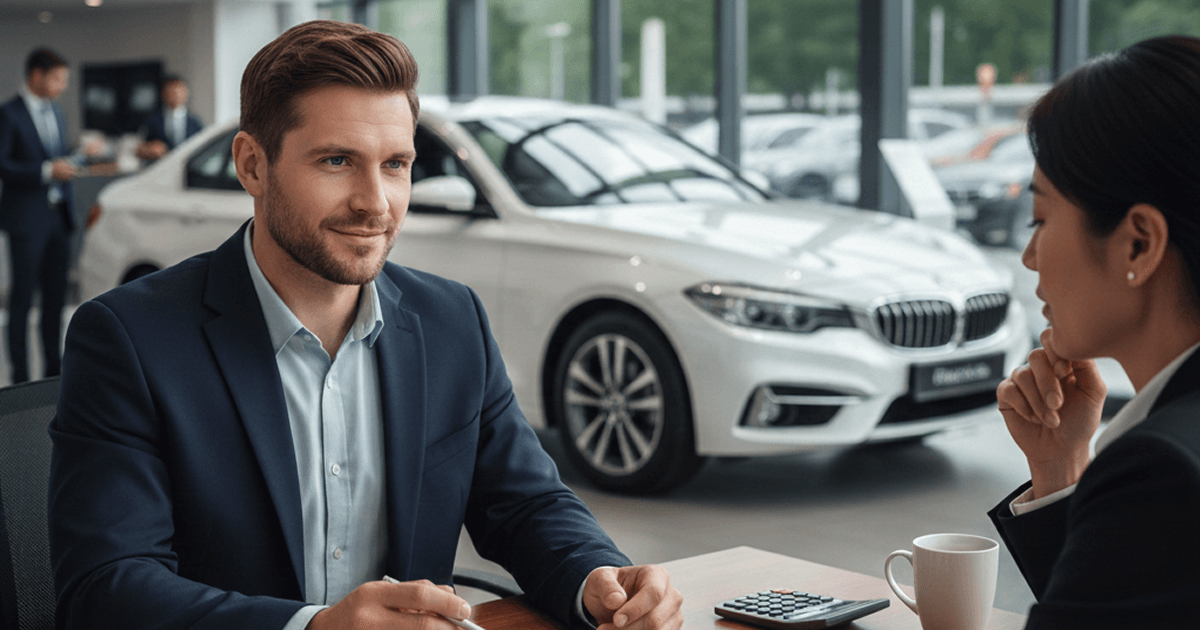Man negotiating with a dealership representative at a desk with a white car in the background