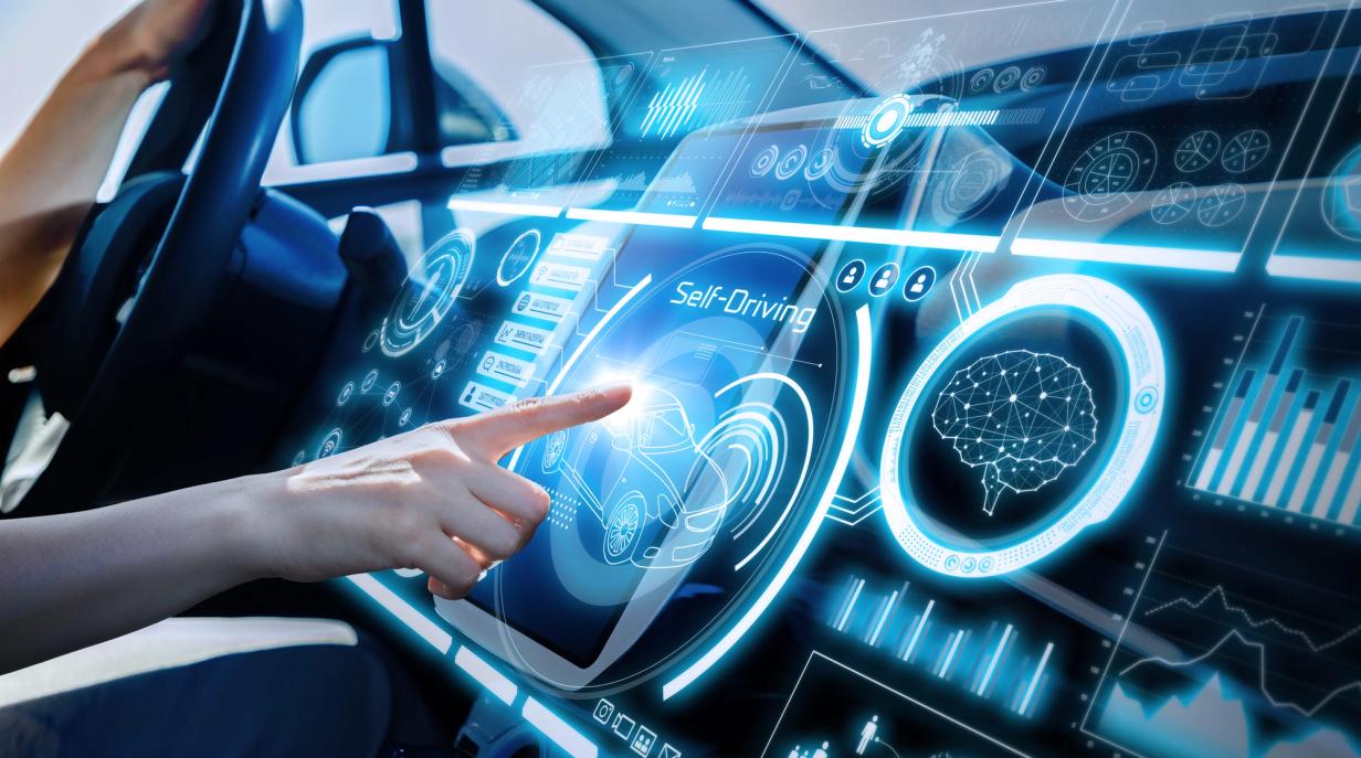 New car driving past technology icons representing augmented reality dashboards advanced driver assistance and electric vehicle innovations in 2025