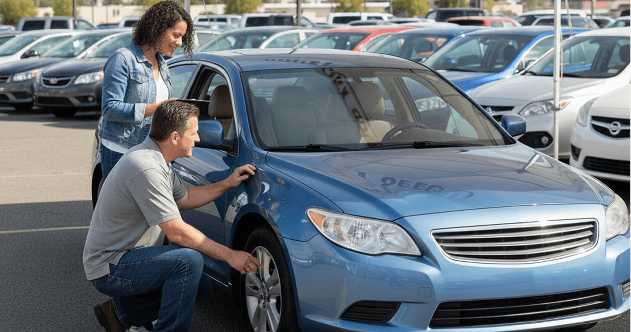 Man and woman closely inspecting a used car on a dealership lot