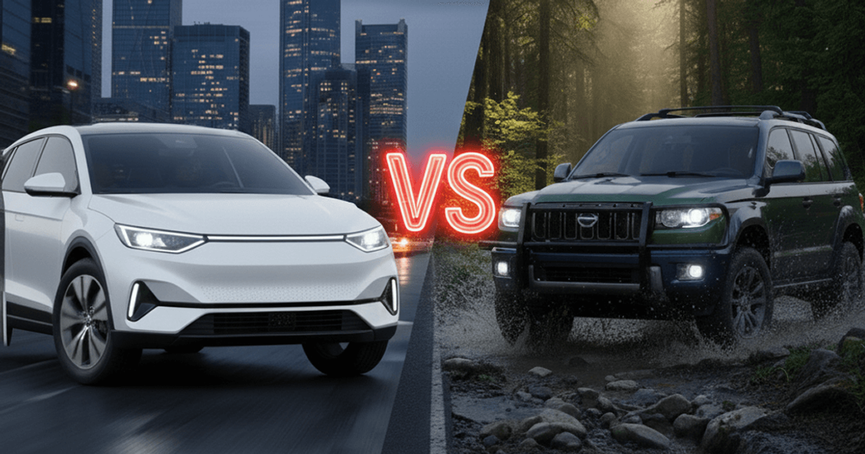 Crossover driving in a city at night compared to an SUV driving off road in a muddy forest showing the differences between crossovers and SUVs.