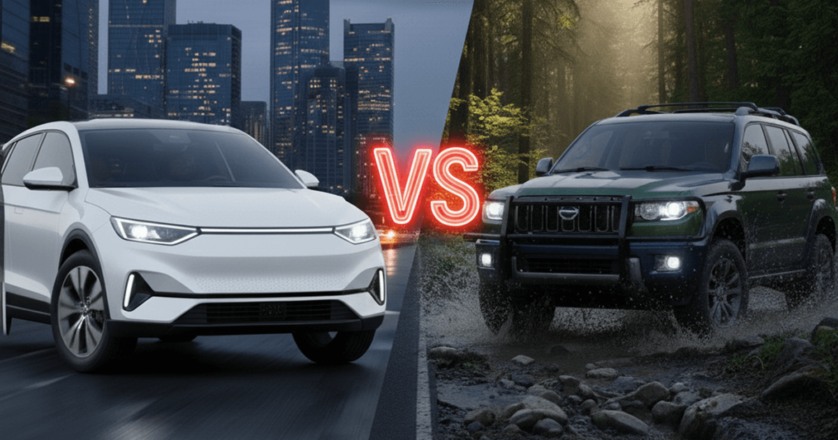 Crossover driving in a city at night compared to an SUV driving off road in a muddy forest showing the differences between crossovers and SUVs.