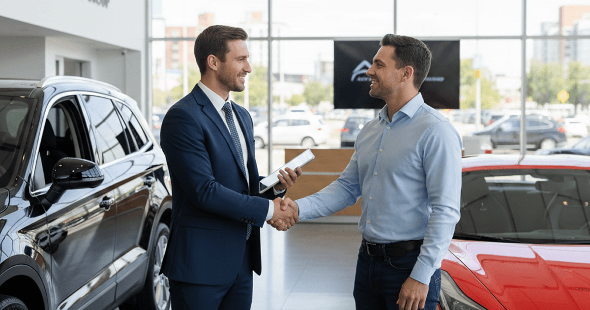 Car buyer finalizing a deal and shaking hands with a dealership representative