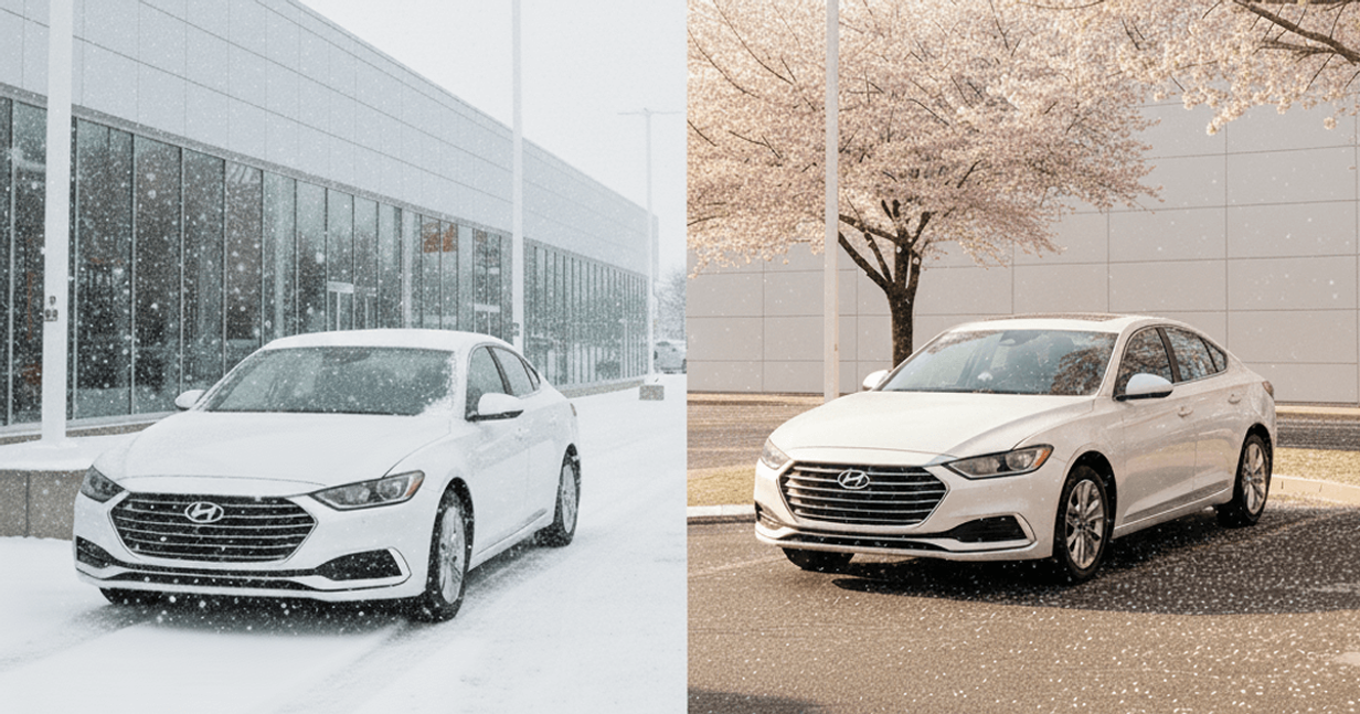 White Hyundai sedan pictured in snowy winter conditions and warm spring weather highlighting how timing and seasons can affect the best time to buy a new car.