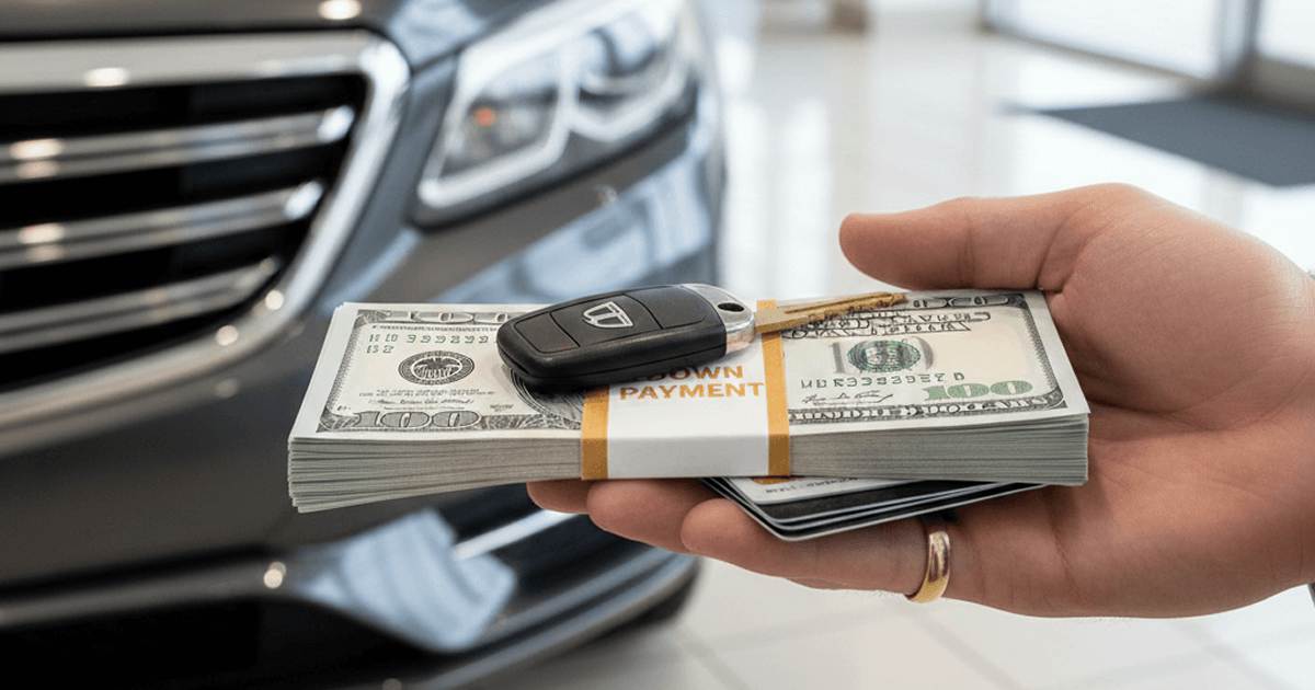 Car buyer holding a cash down payment with a car key in front of a vehicle