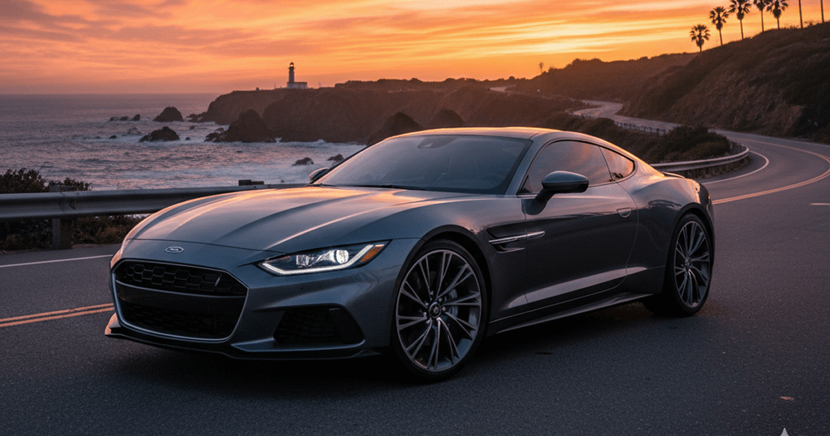 Gray coupe parked on a coastal road at sunset with waves and cliffs in the background.