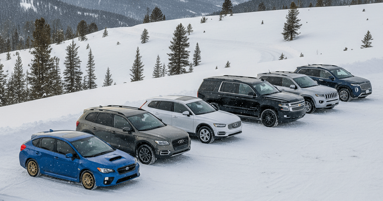 Lineup of cars and SUVs parked in snowy mountain conditions showcasing the best vehicles for winter driving and snow performance.