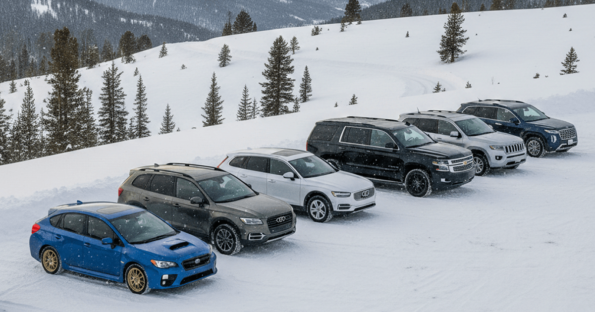 Lineup of cars and SUVs parked in snowy mountain conditions showcasing the best vehicles for winter driving and snow performance.