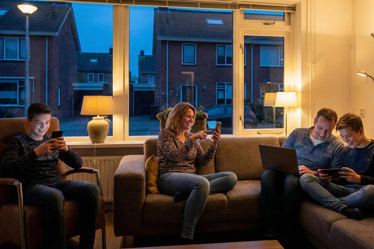 Nederlands gezin zit gezamelijk op de bank in een zichtbaar positieve sfeer.