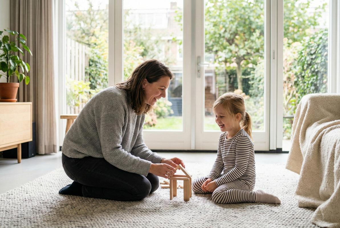 Moeder bouwt een huisje van blokken met haar dochter.