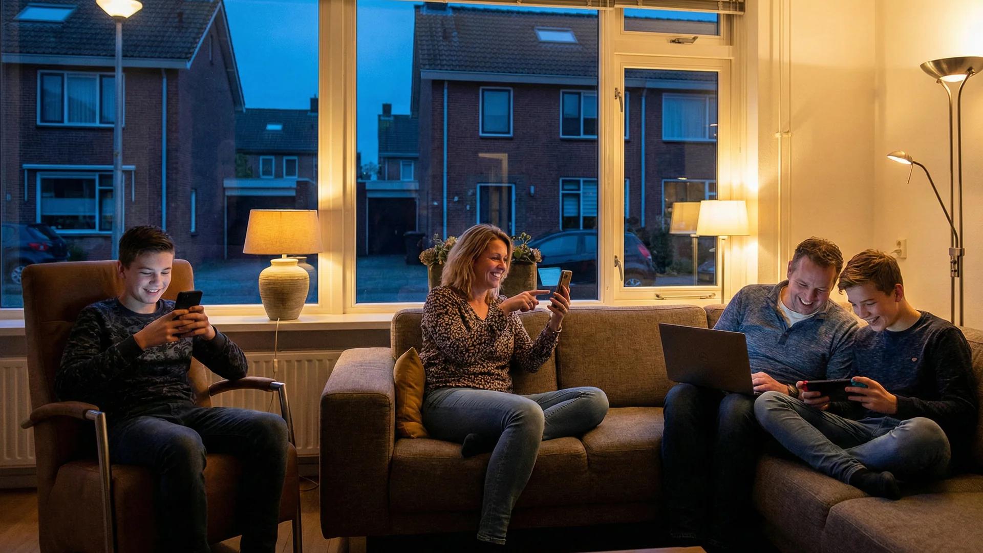 Familie zit gezellig op de bank.