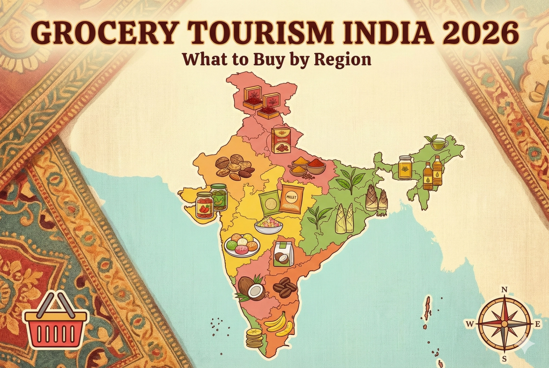 ग्रोसरी टूरिज़्म इंडिया 2026: हर क्षेत्र से क्या खरीदें by Sage Wanderlust ग्रोसरी टूरिज़्म इंडिया 2026: हर क्षेत्र से क्या खरीदें by Sage Wanderlust
