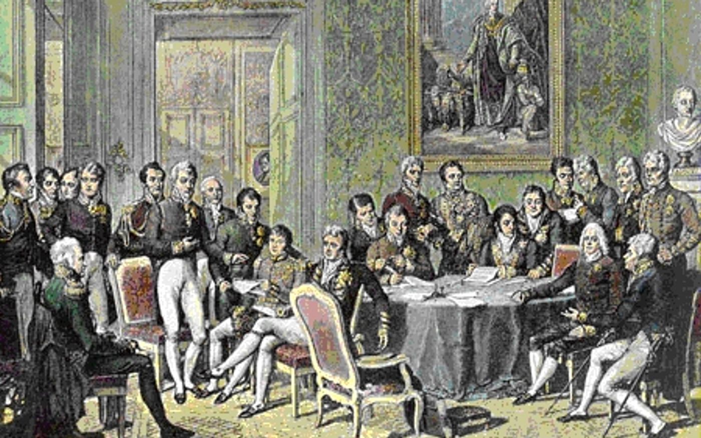 A 19th-century depiction of diplomats seated around a table at the Congress of Vienna