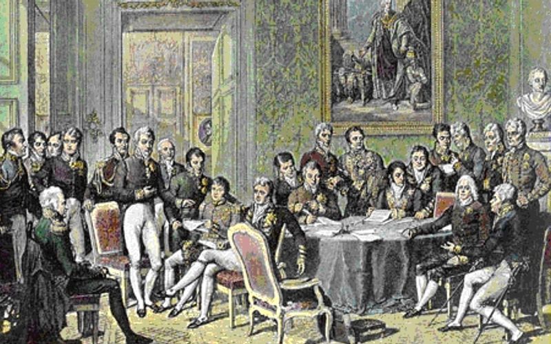 A 19th-century depiction of diplomats seated around a table at the Congress of Vienna