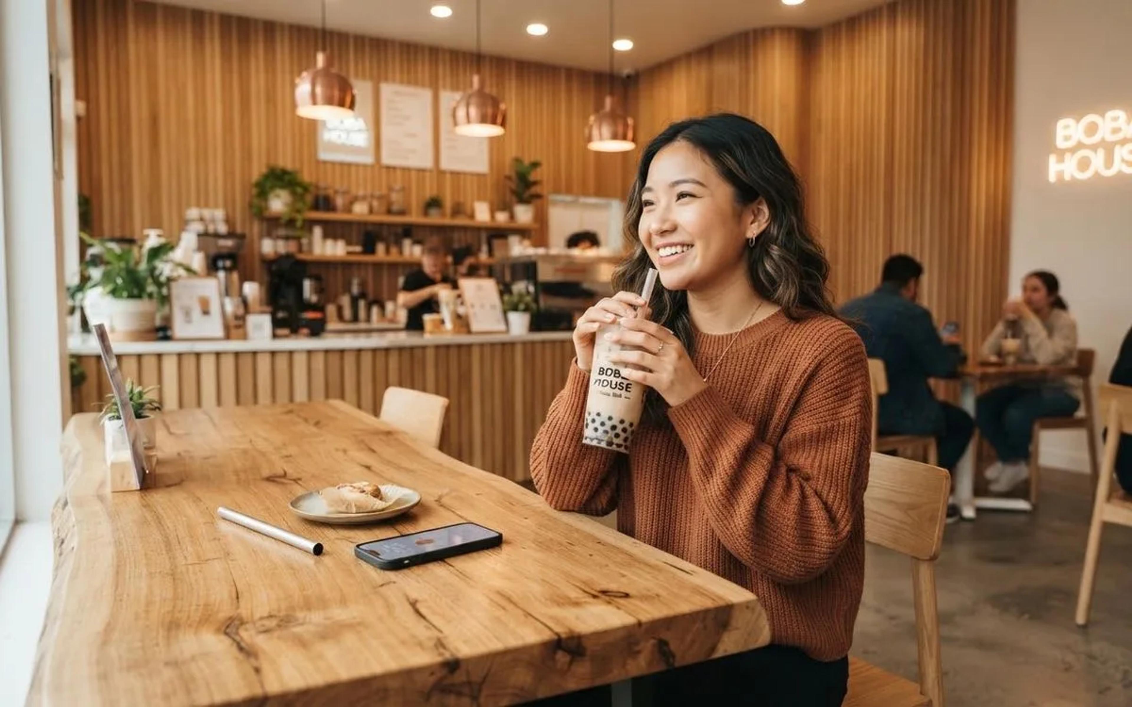 A customer smiling with a milk tea at the window bench inside Boba House