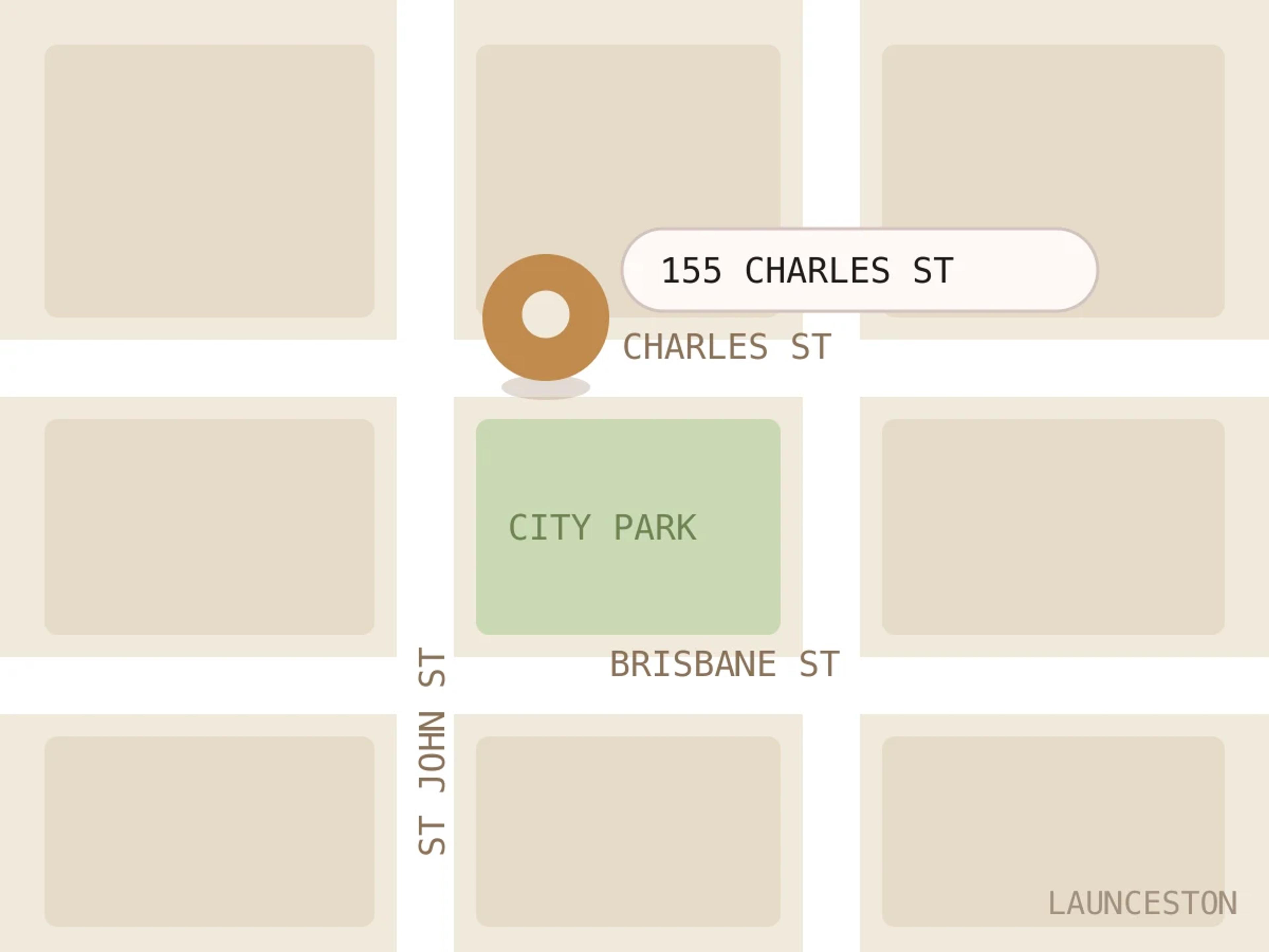 Street map of Launceston city centre with Boba House marked at 155 Charles Street