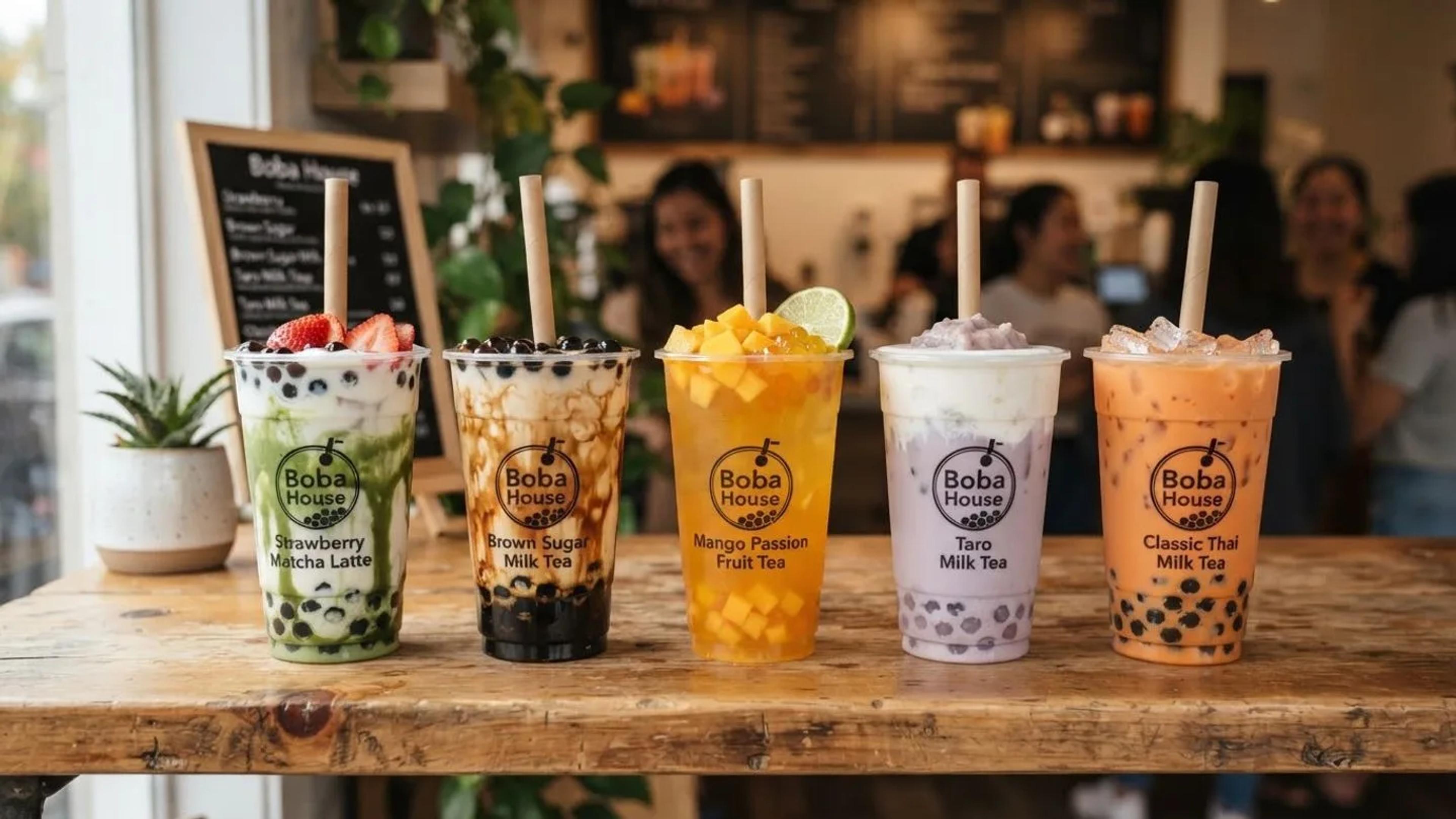 Five Boba House cups on a timber counter — strawberry matcha latte, brown sugar milk tea, mango passion fruit tea, taro milk tea and classic Thai milk tea