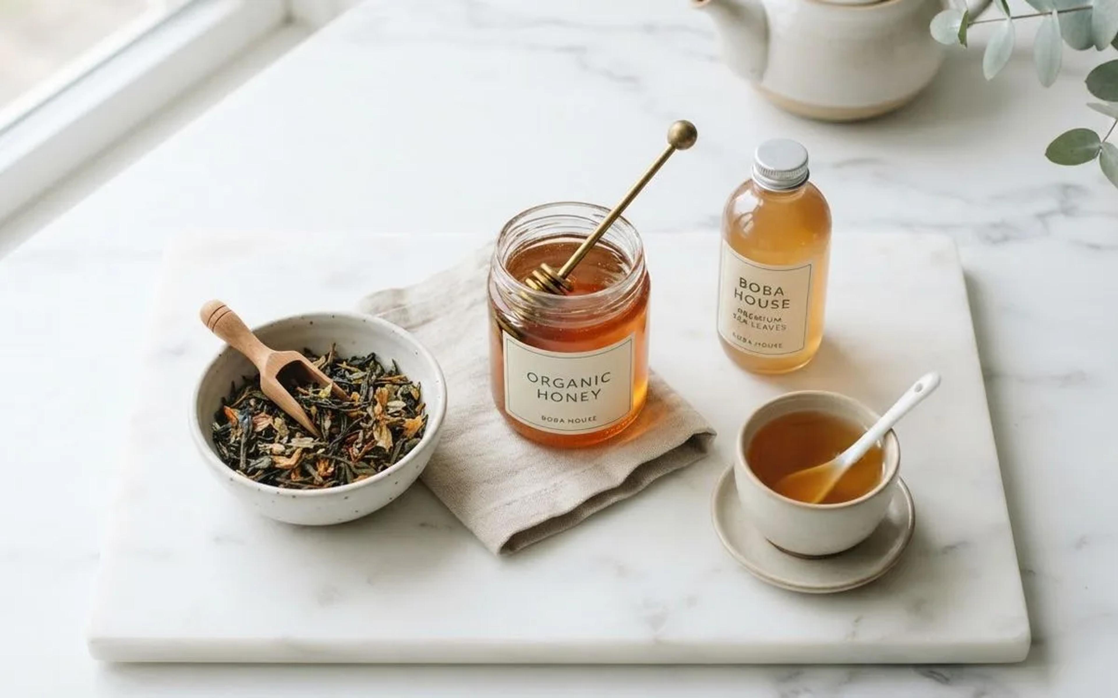 Loose tea leaves and a jar of organic honey beside a freshly poured cup